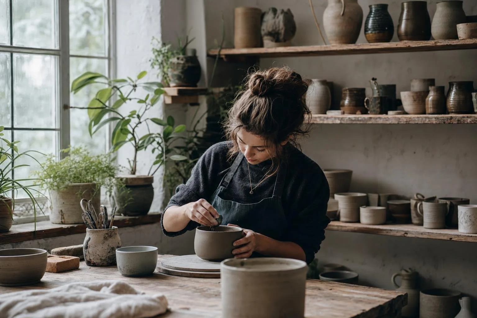 Hands shaping clay on a potter's wheel