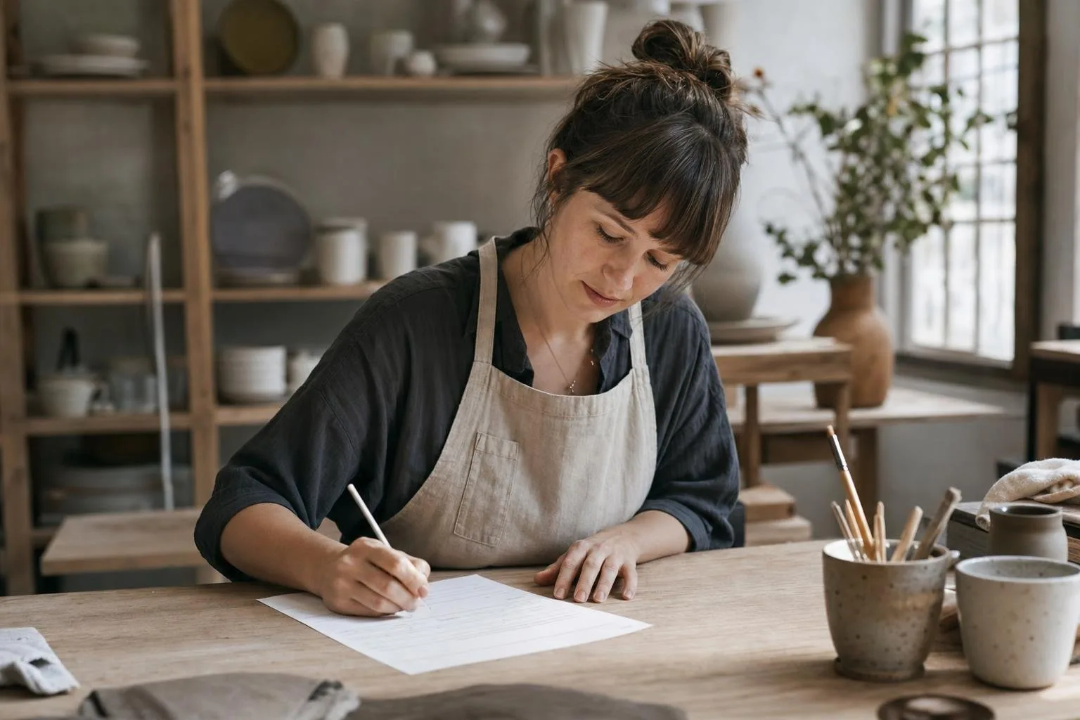 Craft studio workbench with hand tools and unfinished ceramics